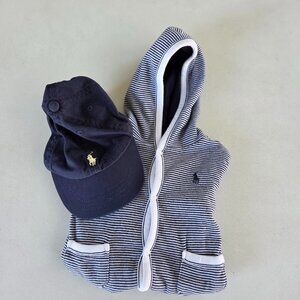 Ralph Lauren Polo 9M Snap Hoodie Jacket Navy White Stripe & 12-24 Mos
